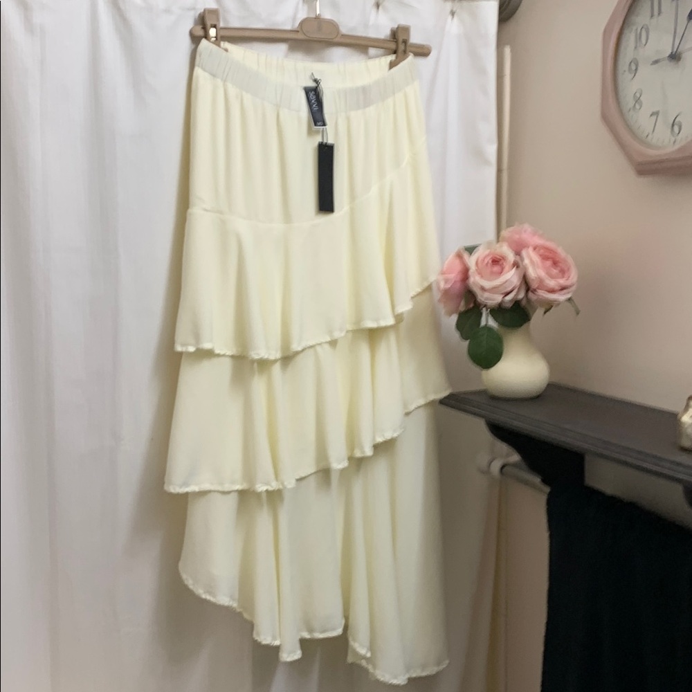 Bohemian Ruffled Asymmetrical Maxi Skirt in Off-White Cream